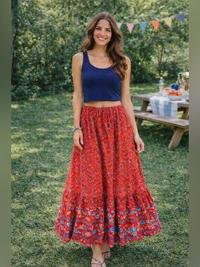 Women's Red Floral Maxi Skirt with Ruffle Hem